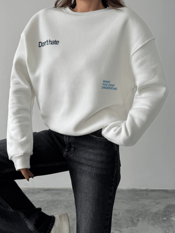 Bisiklet Yaka Baskılı Sweat - Beyaz
