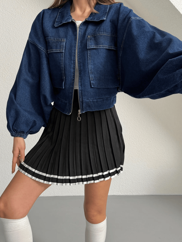Kapak Cepli Balon Kol Denim Ceket - Lacivert