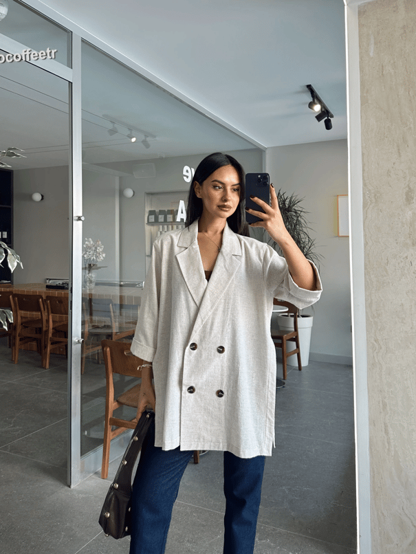 Salaş Yırtmaçlı Keten Ceket  - Krem