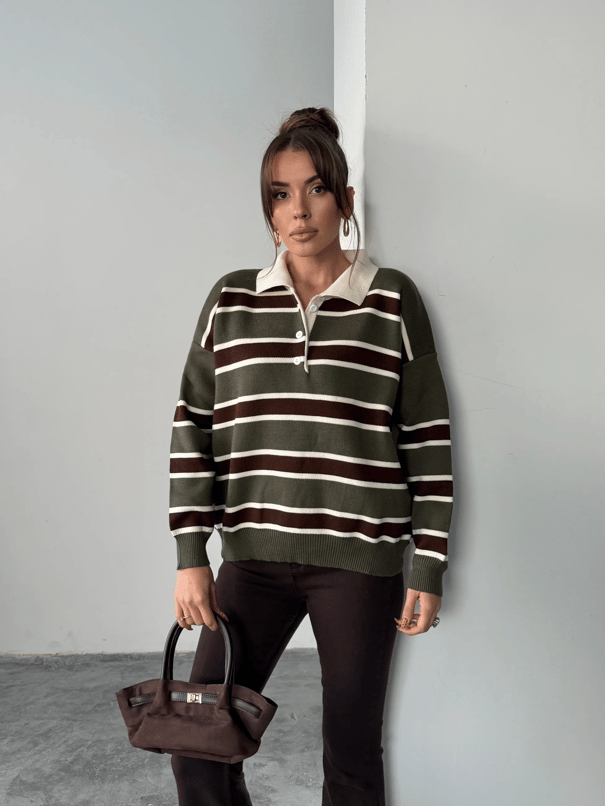 Polo Yaka Çizgili Triko - haki-kahve