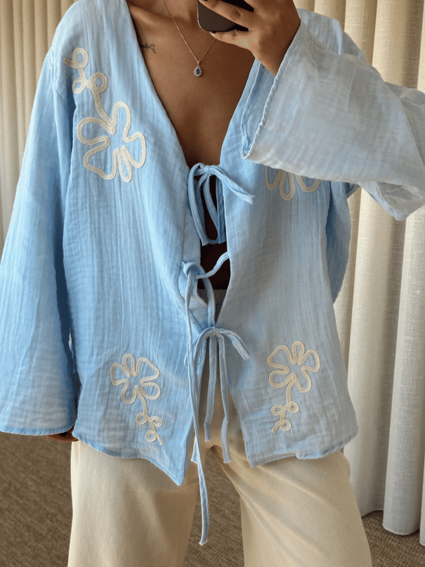 Nakışlı Kimono Takım  - Mavi