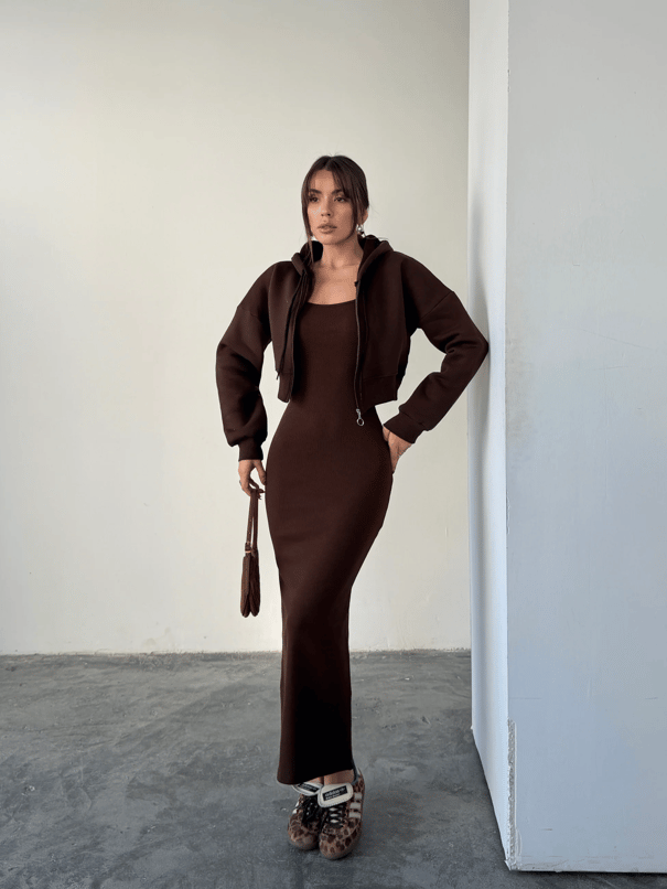 Fermuarlı Sweat Elbise Takım  - Kahve
