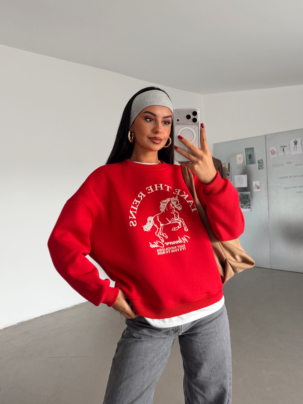 Birleşik Baskılı Sweatshırt - Kırmızı