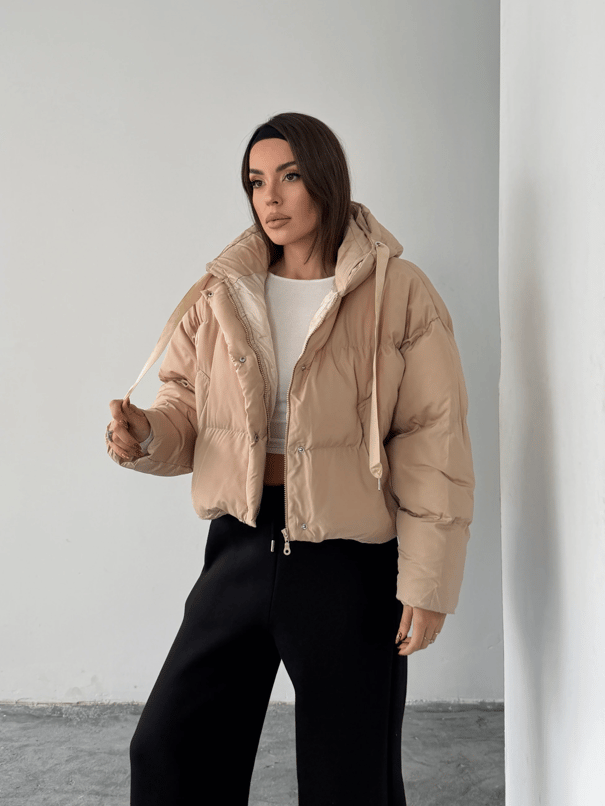 Oversize Kapüşonlu Şişme Mont - Taş