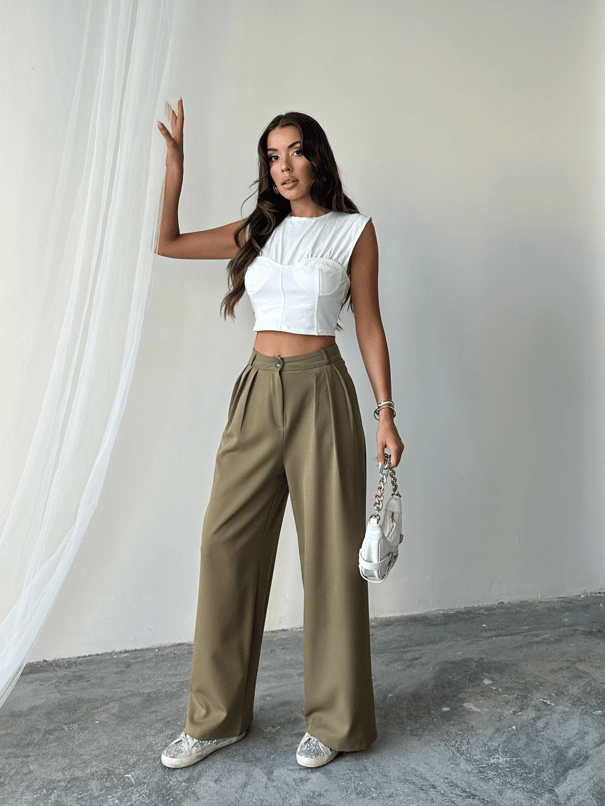 Üç Pile Palazzo Pantolon - Haki