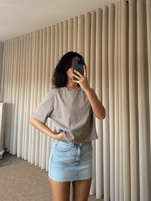 Düz Kısa Kol Crop Basic - Vizon