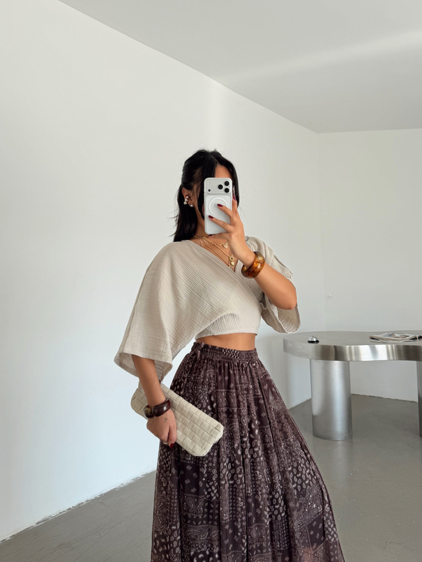 Bağlamalı Müslin Kimono Bluz - Taş