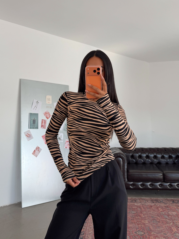 Desenli Balıkçı Bluz - Taba Zebra