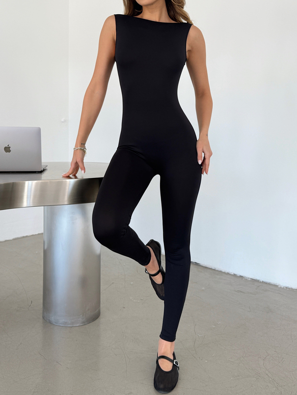 Sırt Detaylı Tayt Tulum - Siyah