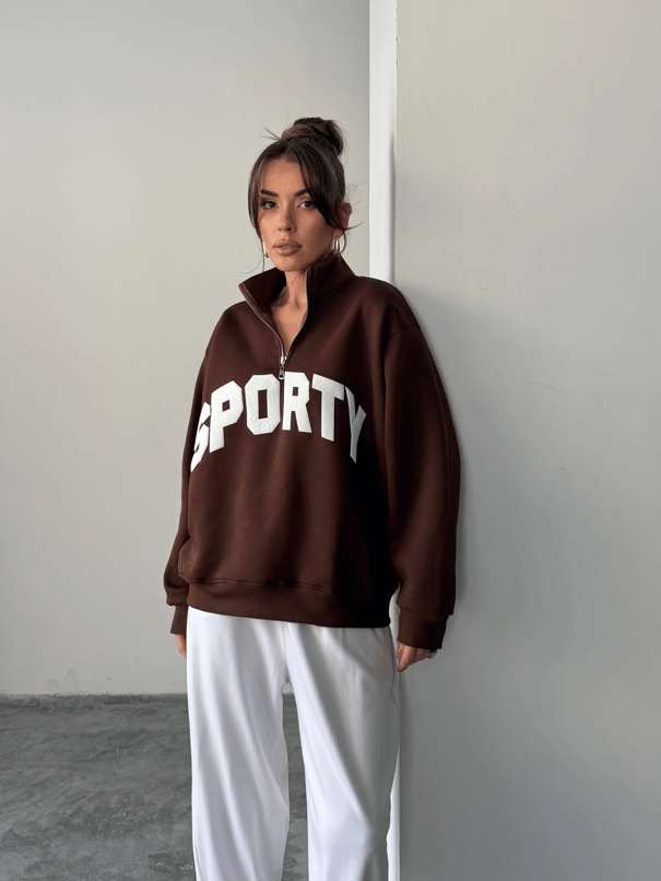Sporty Yarım Fermuar Sweat - Kahve