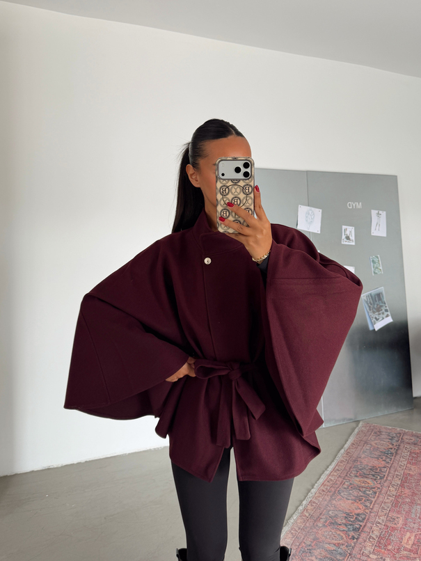Kaşe Kuşaklı Pelerin Kaban - Bordo