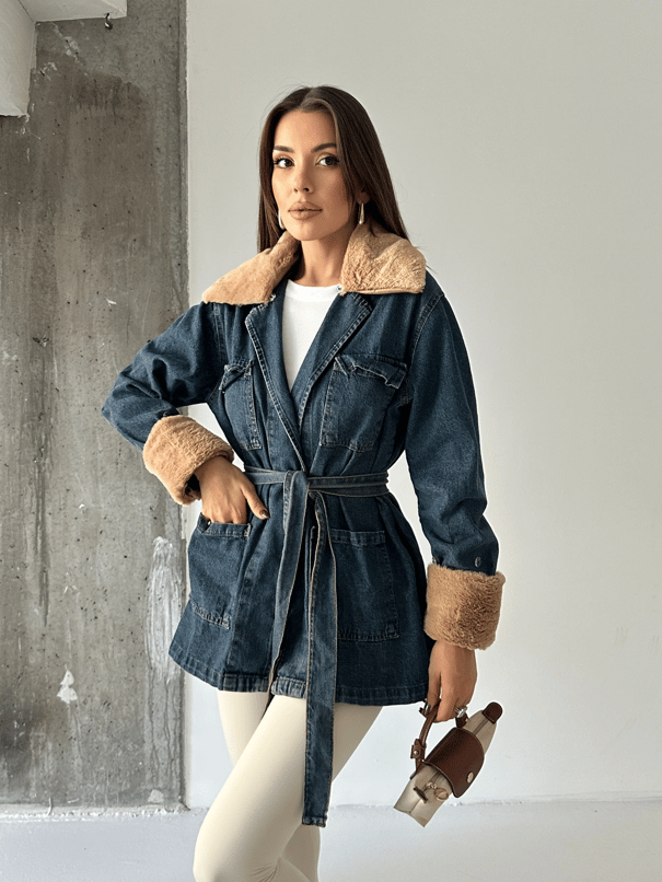 Yakası Kürklü Denim Ceket - Lacivert