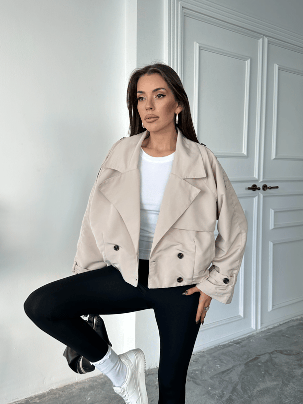 Dört Düğmeli Crop Trençkot - Taş