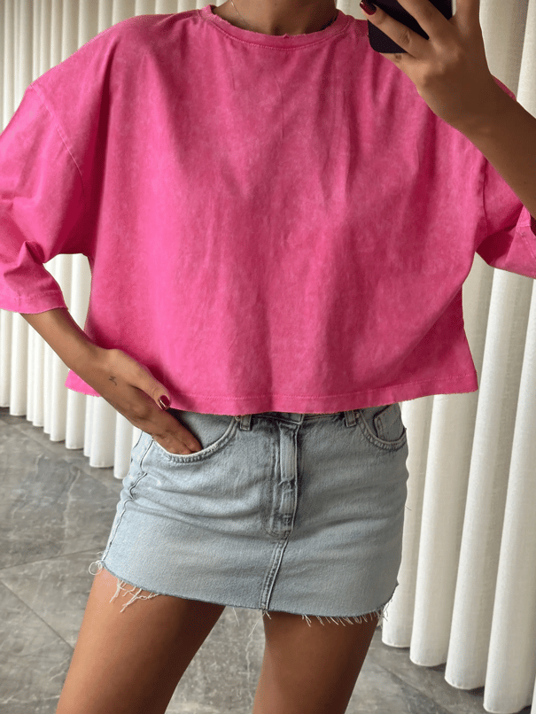 Yıkamalı Düz Crop Basic - Pembe