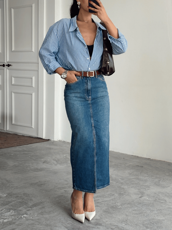 Uzun Ön Yırtmaç Denim Etek - Mavi