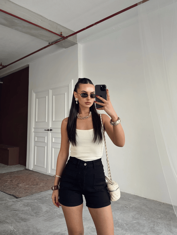 Çift Cep Detay Kot Şort Siyah - Siyah