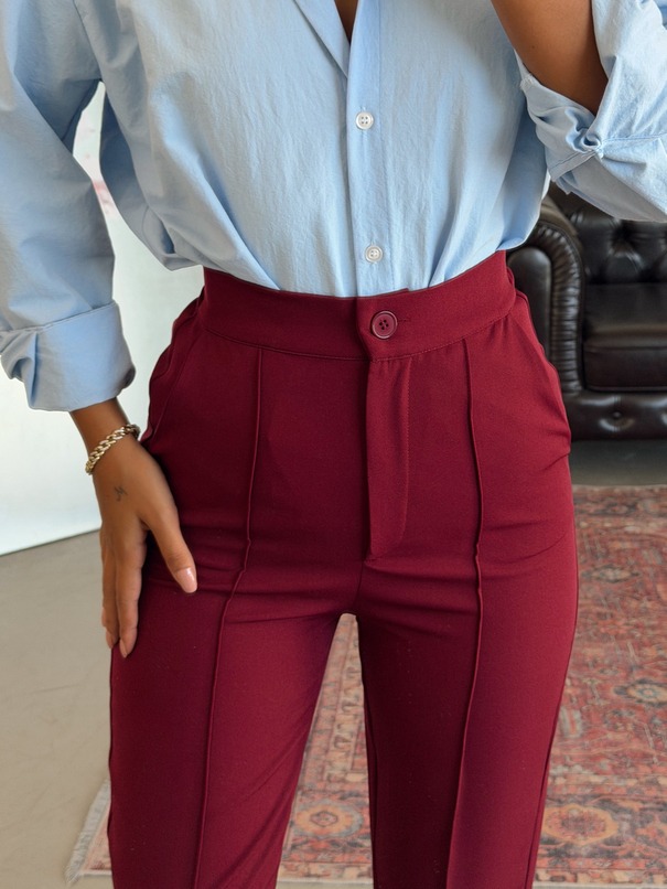 Beli Lastikli Çımalı Pantolon  - Bordo