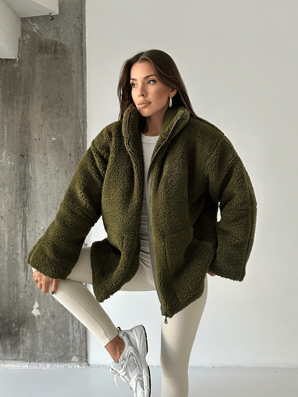 İç Astarlı Oversize Peluş Mont  - Haki Yeşil