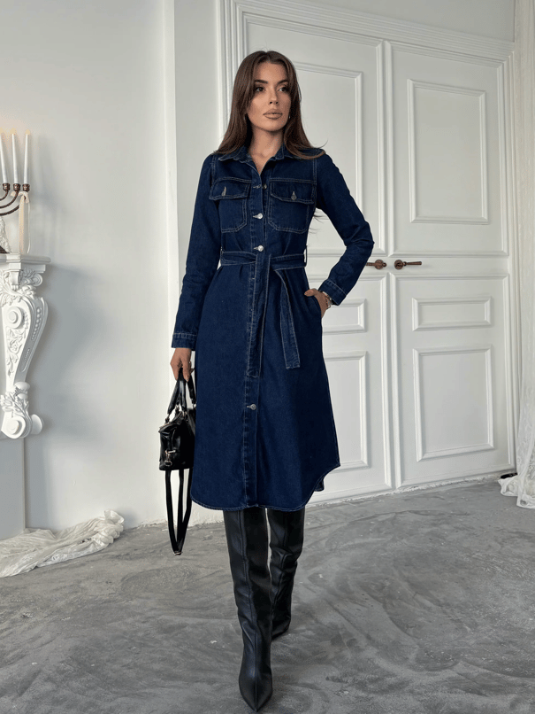 Kuşaklı Denim Elbise - Lacivert