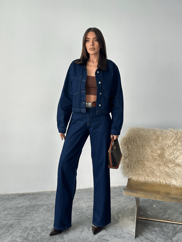 Yakası Kürklü Denim Takım - Mavi