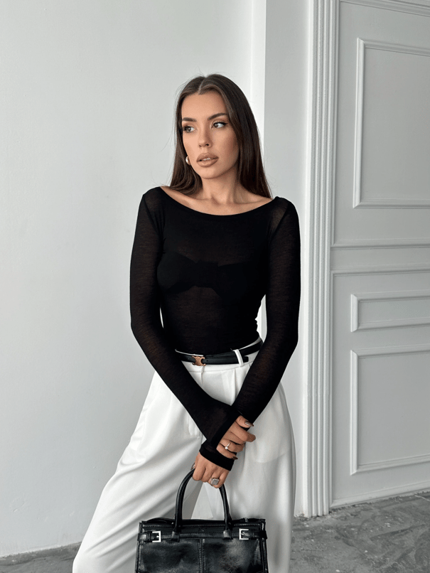Kayık Yaka Transparan Bluz  - Siyah