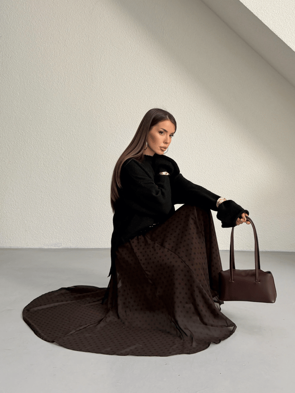 Puantiye Desenli Tül Etek - Kahve