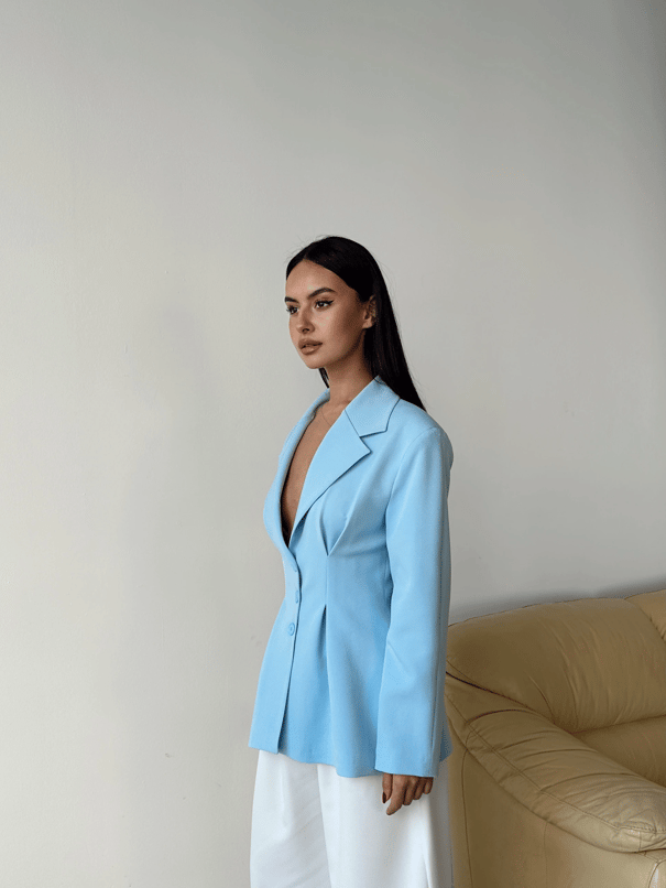 Pile Detay Oturtmalı Blazer Ceket  - Mavi