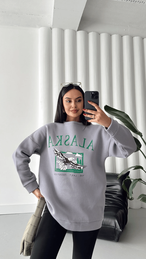Alaska Üç İplik Şardonlu Oversize Sweat Gri - Gri
