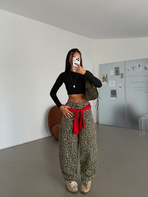 Leopar Desenli Barrel Jean - Haki