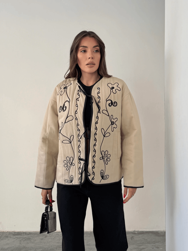 Nakış Detaylı Bağlamalı Etnik Ceket - Ekru