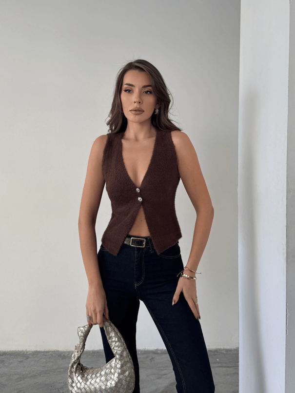 İki Düğmeli Yumoş Yelek - Kahve