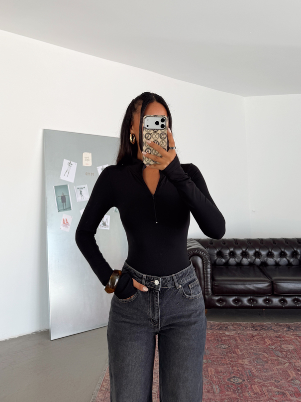 Yarım Fermuarlı Bodysuıt - Siyah