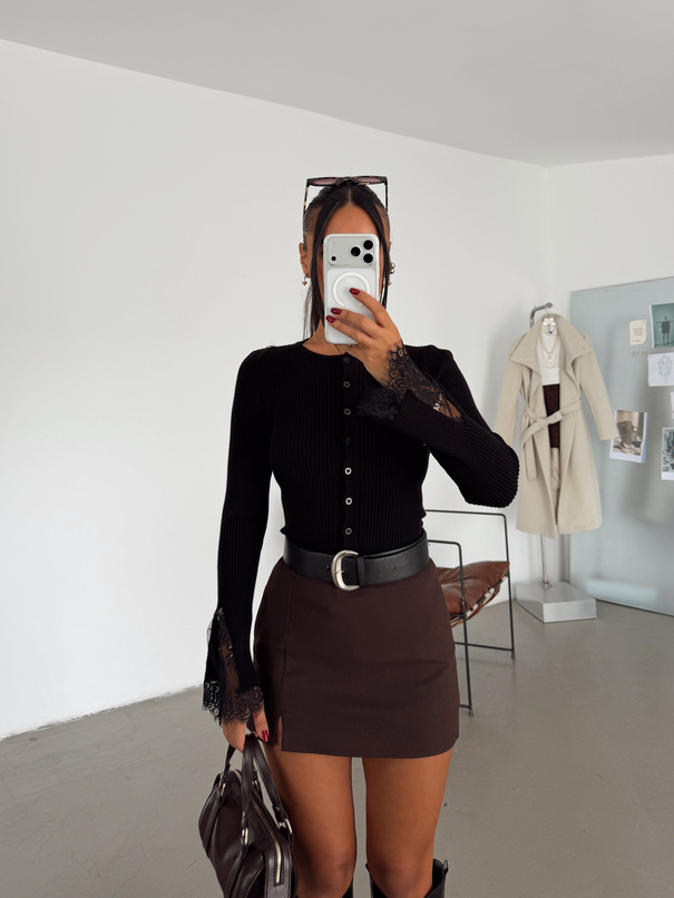 Yanı Yırtmaçlı Mini Etek - Kahve