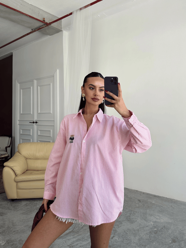Bear Nakışlı Çizgili Gömlek - Pembe
