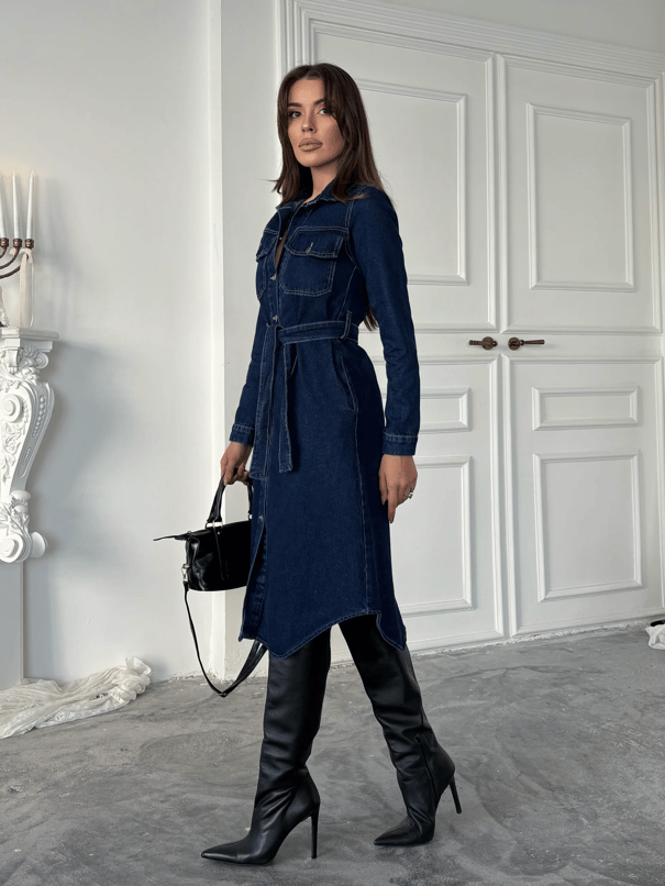 Kuşaklı Denim Elbise - Lacivert