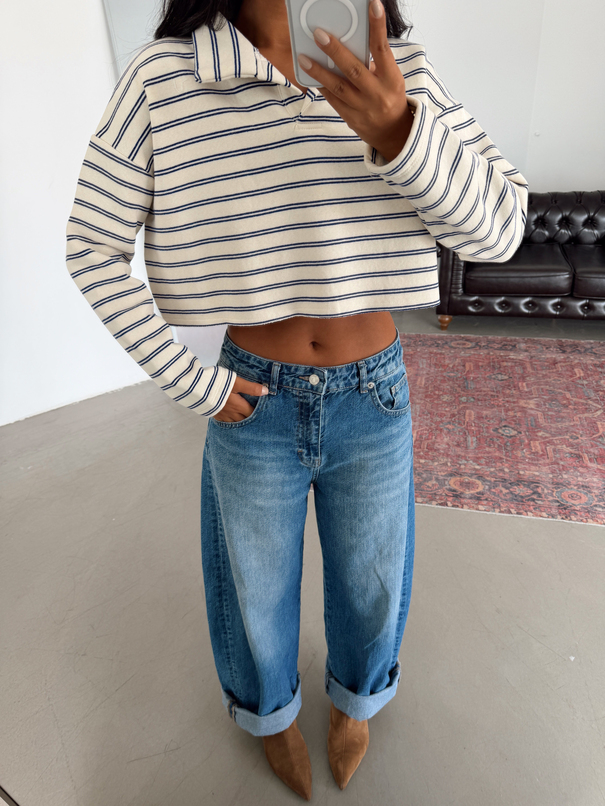 Polo Yaka Çizgili Crop Sweat - Mavi