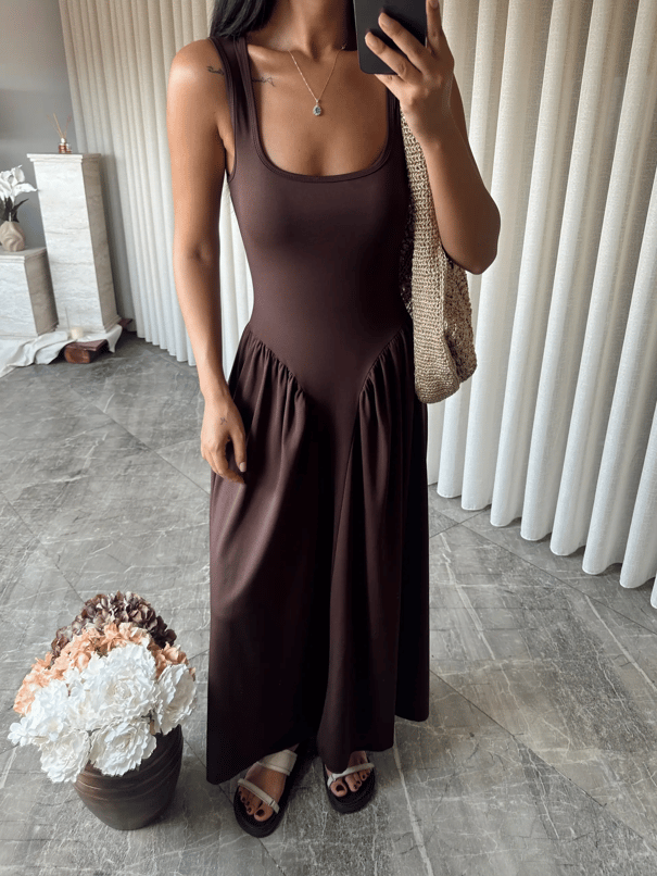 Korse Detaylı Midi Elbise - Kahve