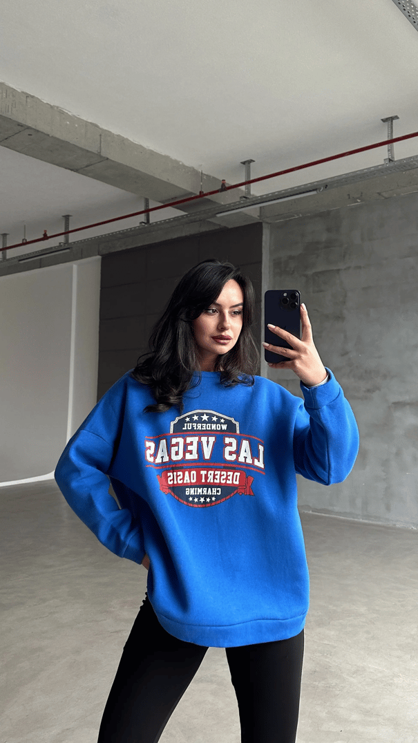 Las Vegas Üç İplik Oversize Sweat Saks Mavi - Mavi