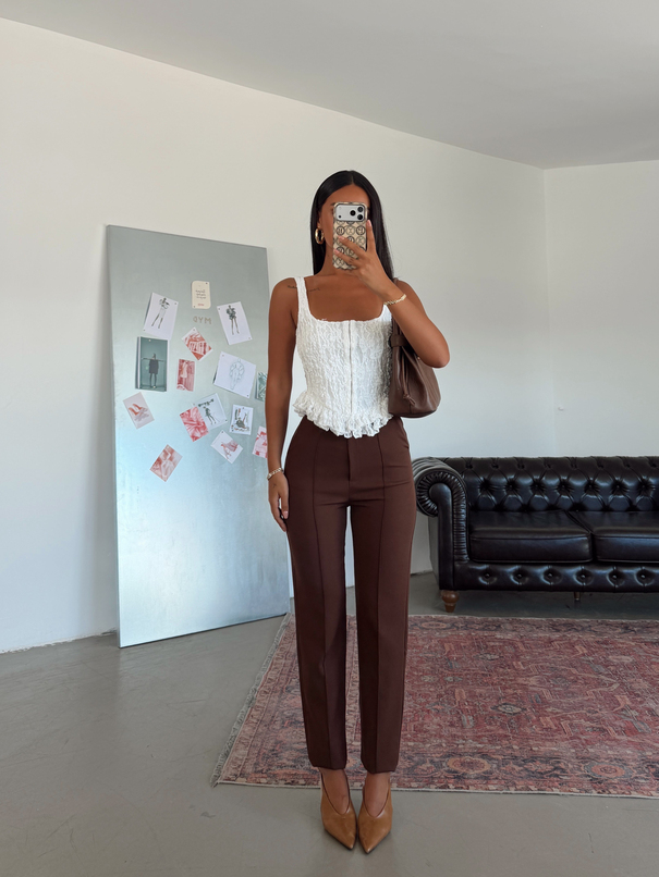 Beli Lastikli Çımalı Pantolon  - Acı kahve