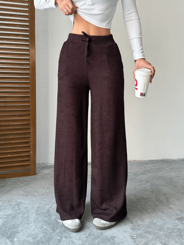 Bel Bağcık Fitilli Pantolon - Kahve