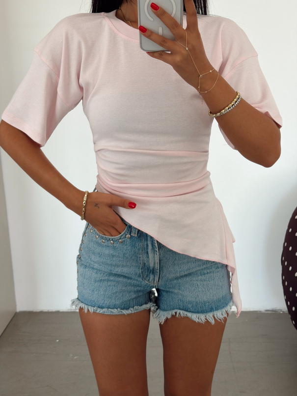 Kısa Kol Asimetrik Basic T-shirt - Pembe