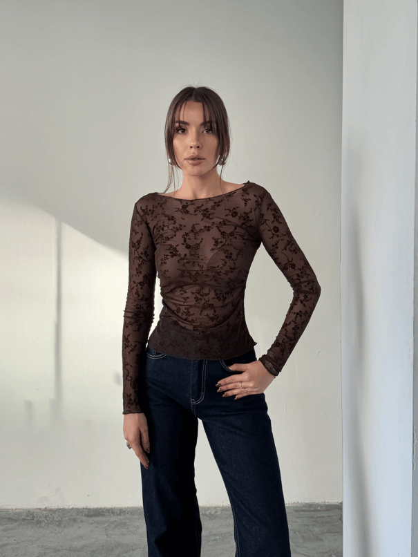 Flok Baskılı Basic Bluz - Kahve