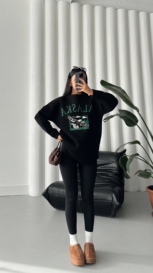 Alaska Üç İplik Şardonlu Oversize Sweat Siyah - Siyah