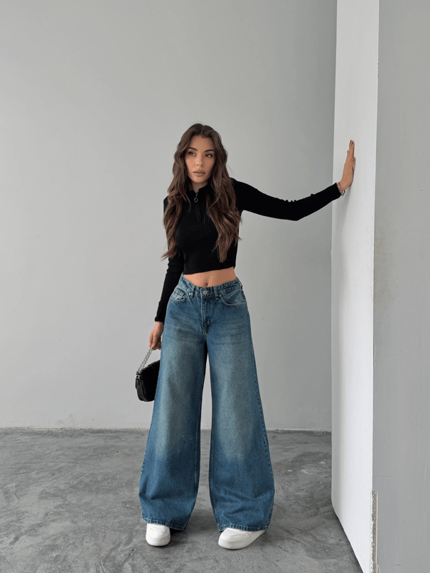 Bol Paça Yıkamalı Jean Pantolon - Mavi