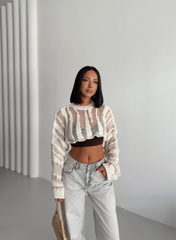 Ajurlu Crop Triko - Krem
