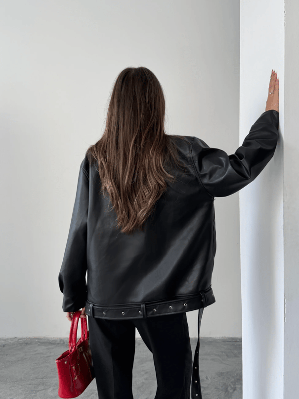 Kemerli Oversize Deri Ceket  - Siyah