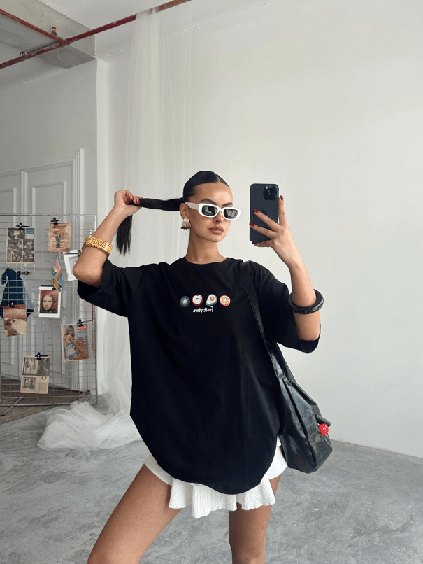 Fruit Nakış Basic T-shirt Siyah - Siyah