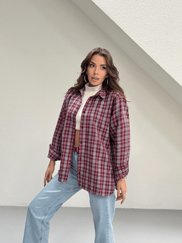 Kareli Oversize Gömlek - Bordo
