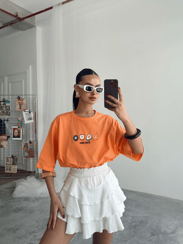 Fruit Nakış Basic T-shirt Turuncu - Turuncu