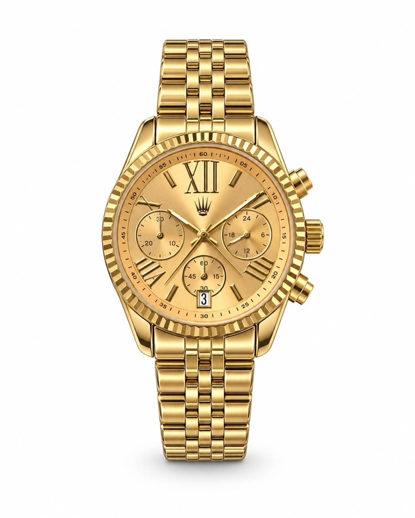 Aurum Gold Yellow saatin önden kasa ve çelik kordon görünümü